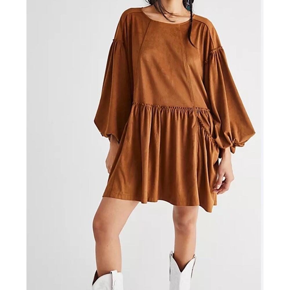 Free People Abbie Vegan Suede Mini Dress Women's Size Large Brown Boho